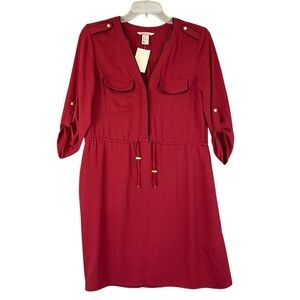 H&M Loose Fit Midi Shirt Dress V neck Burgandy Size 6 NWT